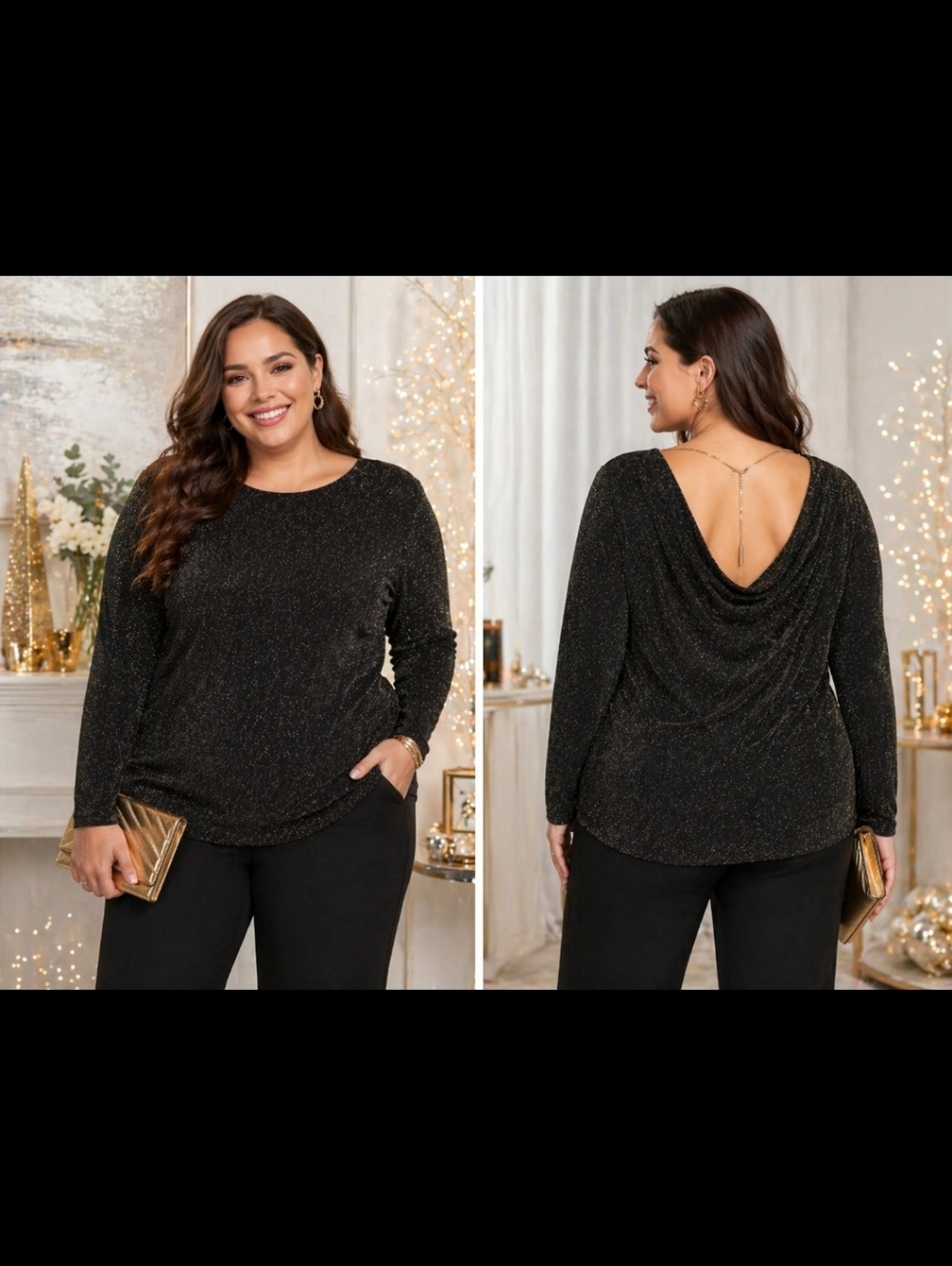 MICHAEL KORS BLACK/GOLD Sparkle Chain Cowl-Back Top w/ Gold Chain Holiday Party